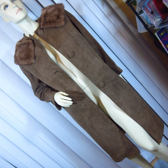 Vintage Shillito's Suede Leather Jacket 8 Long Trench Coat Fur Collar Dark Brown - Picture 10 of 16